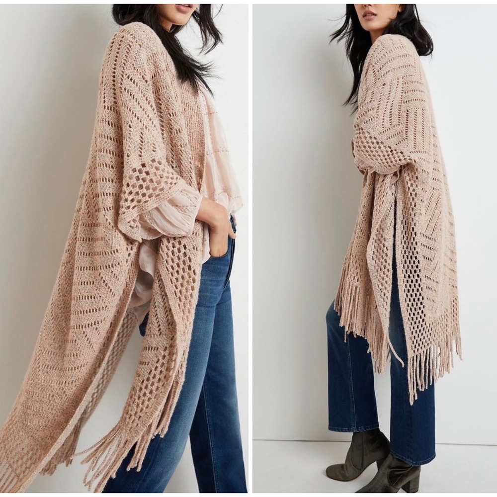 Anthropologie Akemi + Kin Dusty Rose Sara Pointelle‎ Fringed Kimono Cardigan OS